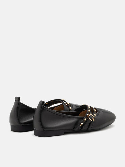 PAZZION, Zia Studded Buckle Flats, Black