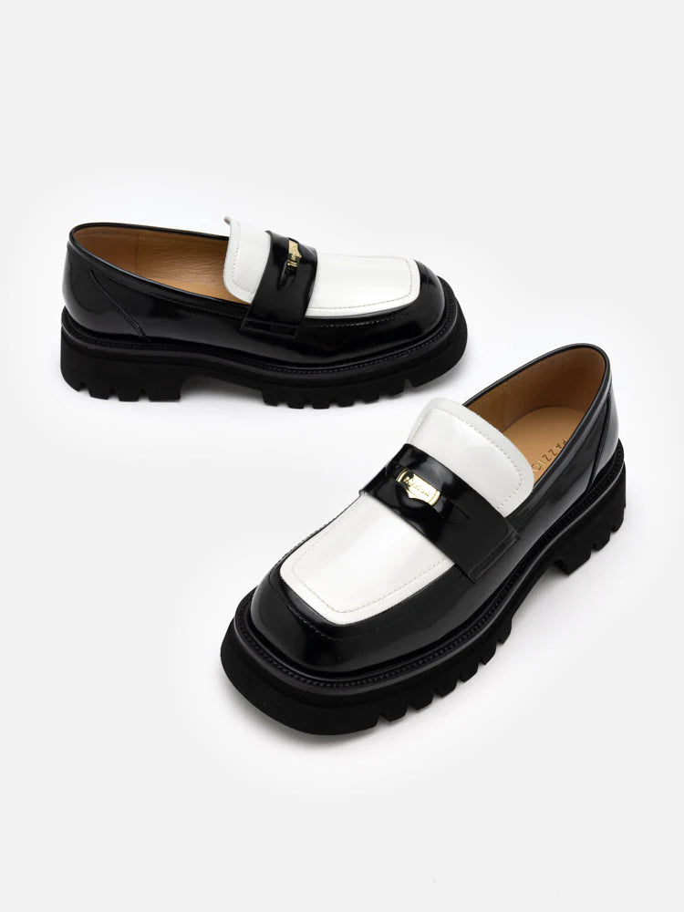 PAZZION, Zilpah Embellished Two-Tone Penny Loafers, Black