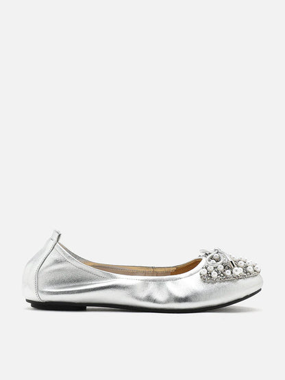 PAZZION, Zoelle Pearls and Crystal Encrusted Bow Flats, Silver