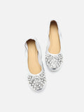 PAZZION, Zoelle Pearls and Crystal Encrusted Bow Flats, Silver