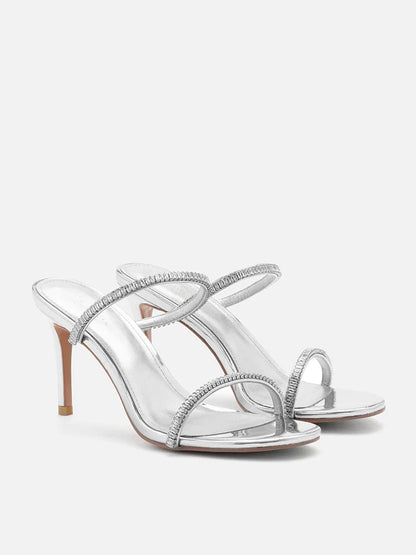 PAZZION, Annabeth Metallic Crystal Embellished Heel Sandals, Silver