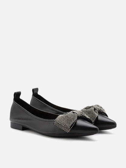 PAZZION, Blakely Crystal Embellished Bow Pointed Toe Flats, Black