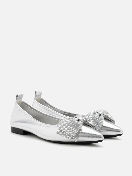 PAZZION, Blakely Crystal Embellished Bow Pointed Toe Flats, Silver