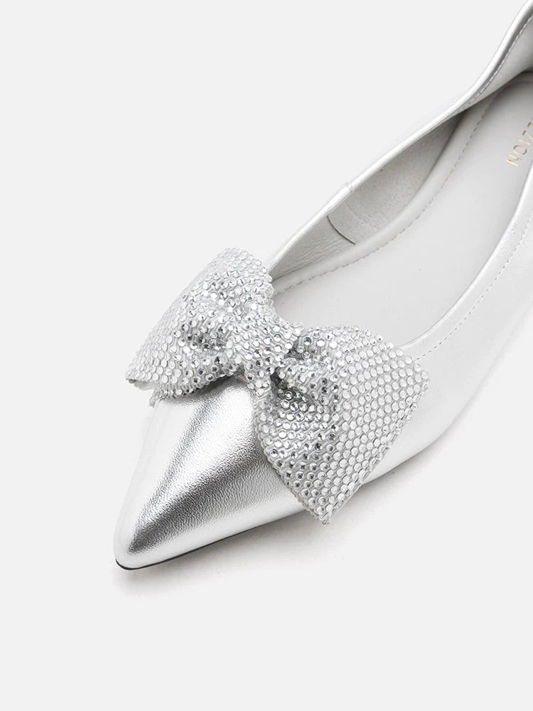 PAZZION, Blakely Crystal Embellished Bow Pointed Toe Flats, Silver