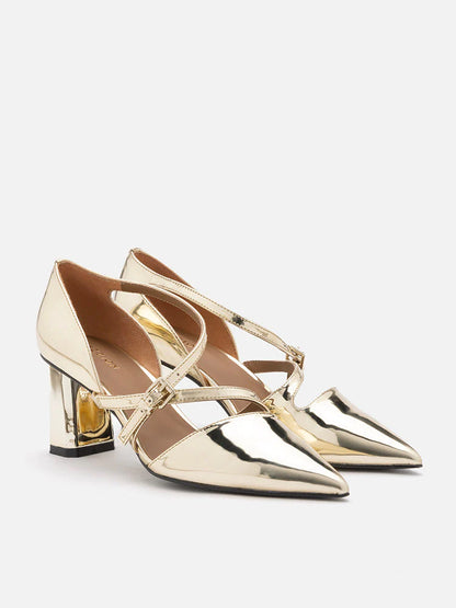 PAZZION, Kenzie Strappy Metallic Heels, Gold