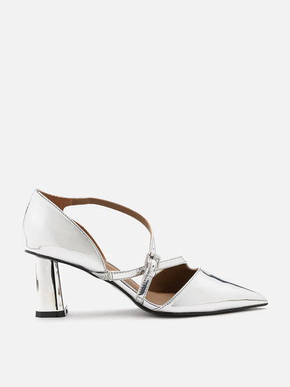 PAZZION, Kenzie Strappy Metallic Heels, Silver