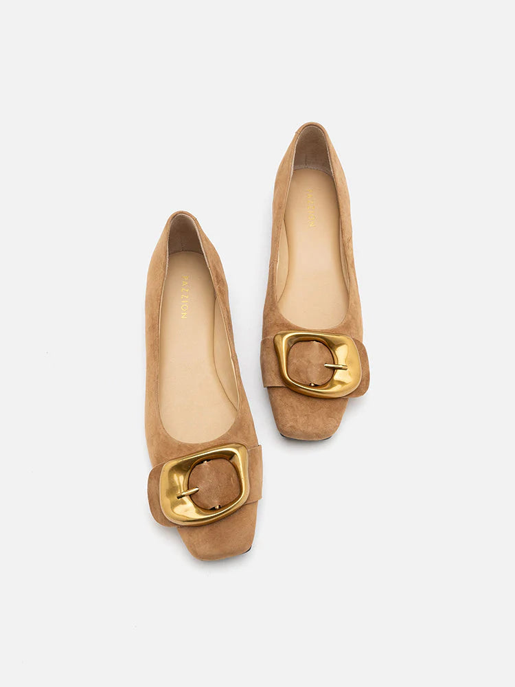 PAZZION, Lennox Buckled Square Toe Flats, Camel