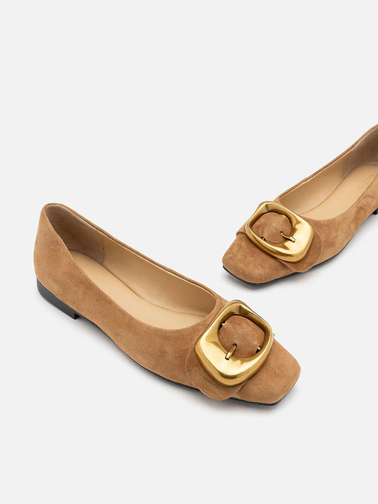 PAZZION, Lennox Buckled Square Toe Flats, Camel