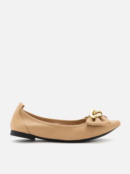 PAZZION, Quirina Gold Buckle Bow Flats, Almond