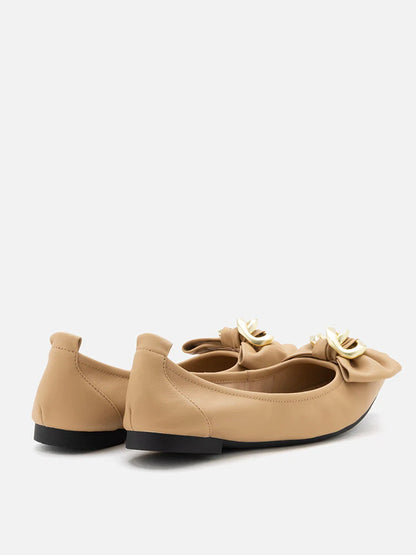 PAZZION, Quirina Gold Buckle Bow Flats, Almond