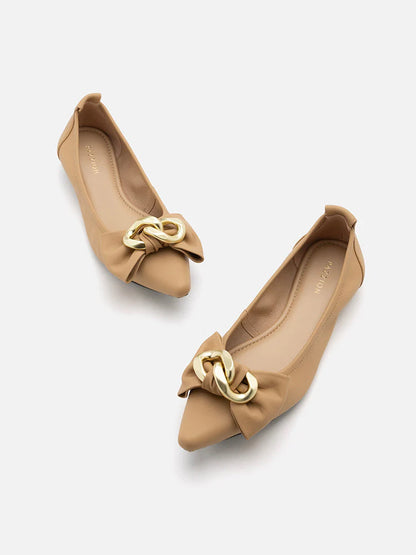 PAZZION, Quirina Gold Buckle Bow Flats, Almond