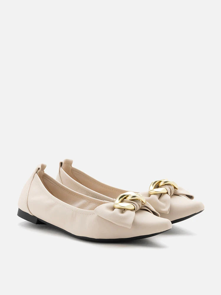 PAZZION, Quirina Gold Buckle Bow Flats, Beige