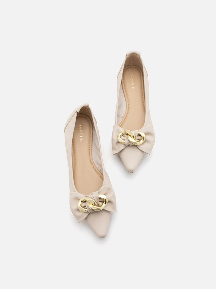 PAZZION, Quirina Gold Buckle Bow Flats, Beige