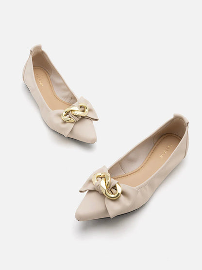 PAZZION, Quirina Gold Buckle Bow Flats, Beige