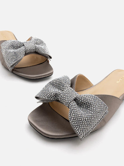 PAZZION, Raina Crystal Embellished Bow Slide Sandals, Grey